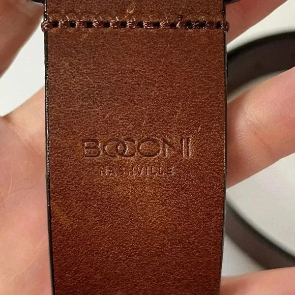 Boconi Nashville Brown Leather Belt Handcrafted Silver Tone Buckle Size 34 - Picture 3 of 10